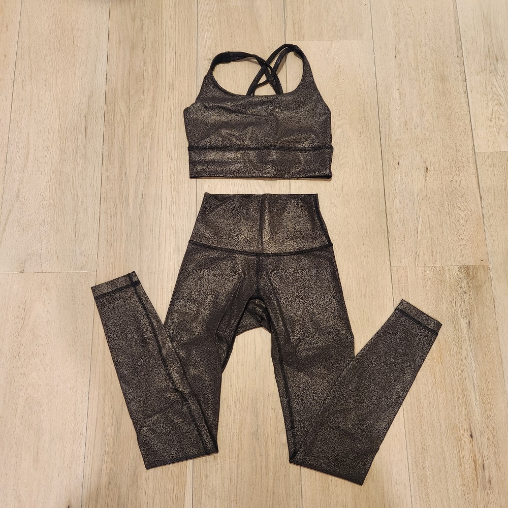 Lululemon SET Wunder Under Black Copper Foil Leggings and Sports Bra 0/2